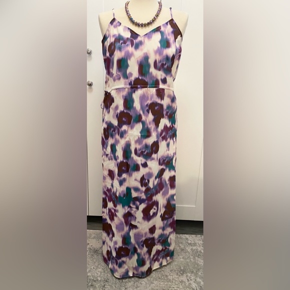 XL Abstract Floral Strappy Midi Dress WAdjustable Waist Purple Pink & Teal NEW! - Picture 1 of 7